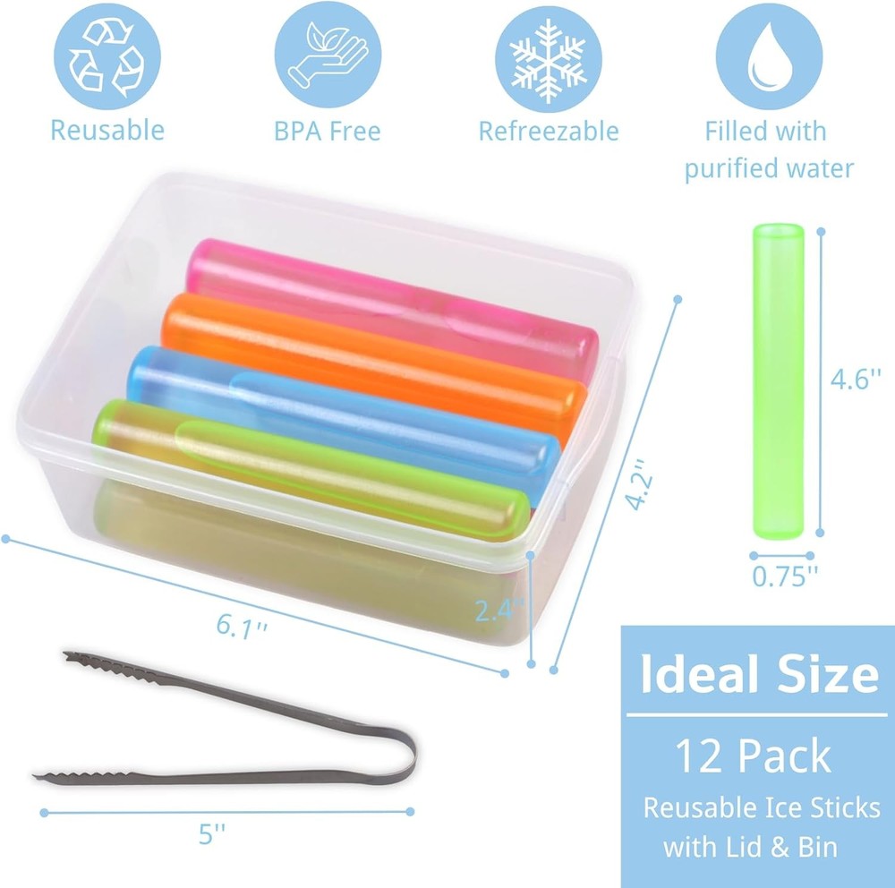 12 Pack Reusable Ice Cube with Lid and Bin, Plastic 12 Pack, Colorful