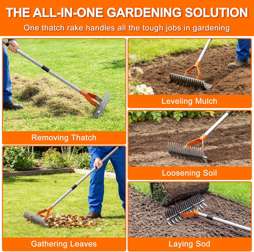 Adjustable 68" Thatch Rake with Dual-Action Tines for Lawn Dethatching