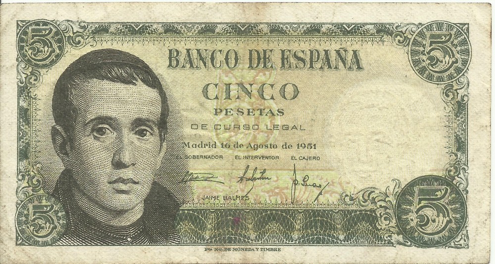 SPAIN 5 PESETAS 1951 P 140 VF 2RF 01AGO