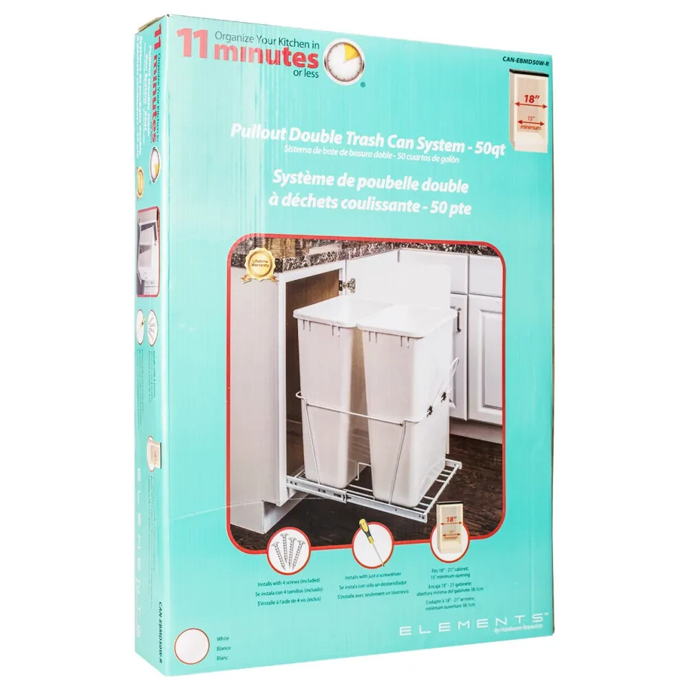 50 Quart White Double Can Kitchen Cabinet Pullout Trash Can System Bottom Mount