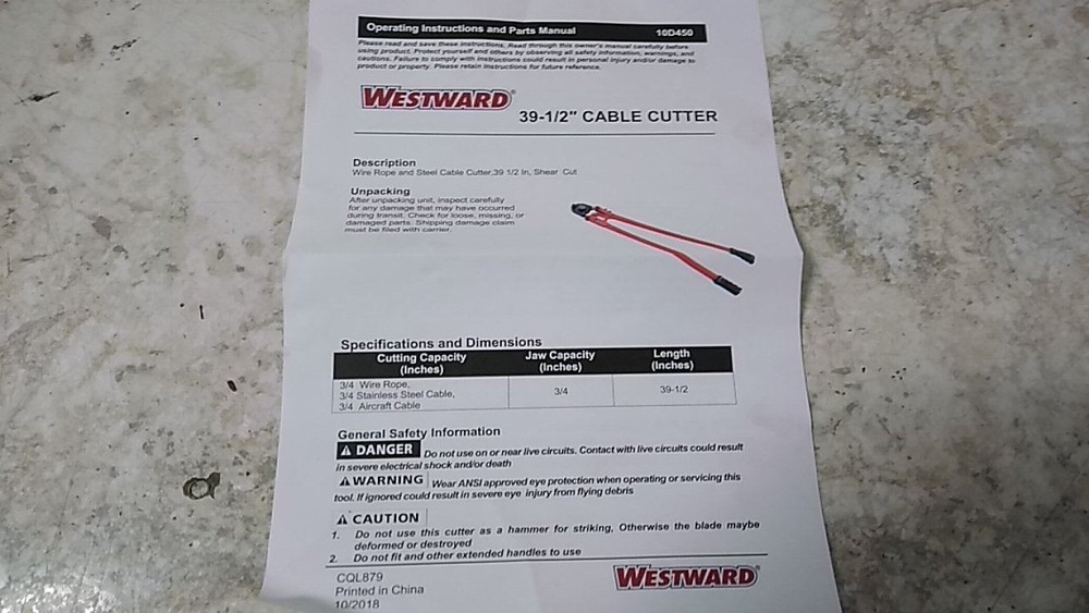 Westward 10D450 3/4 In Max Diameter General Purpose Cable Cutter