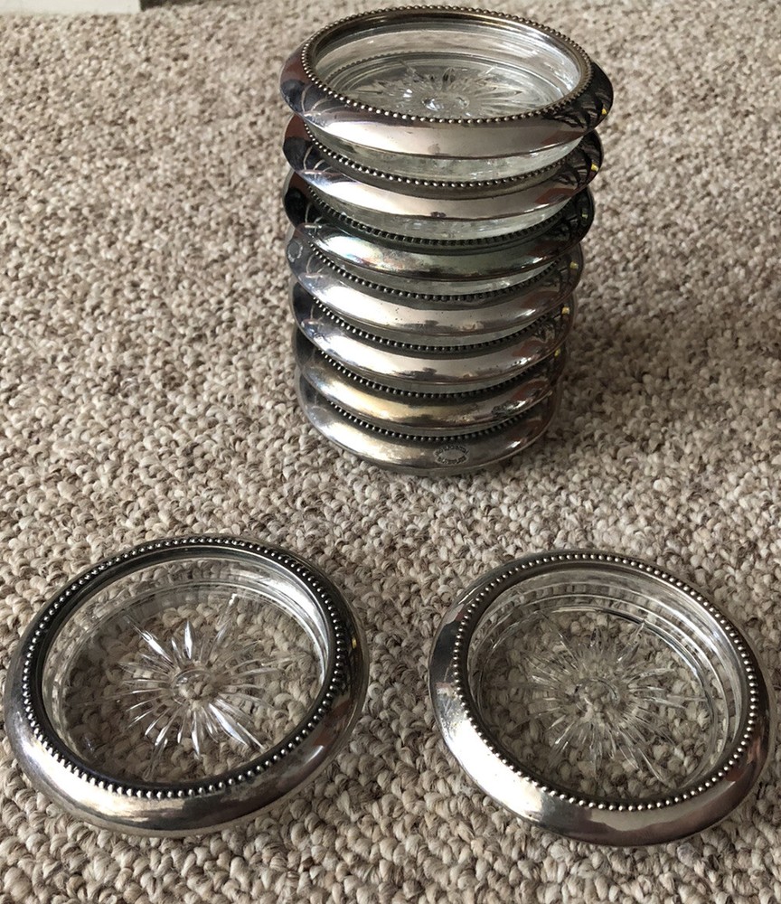 W & S Blackinton silverplate & crystal drink coasters