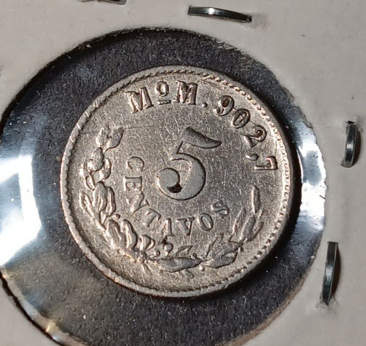 Mexico 1904 Mo M Silver 5 Centavos, 0 over 9