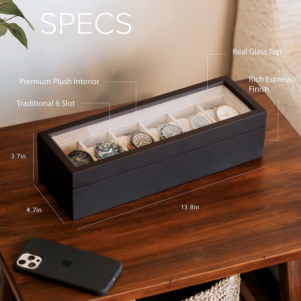Solid Espresso Wood Watch Box Organizer with Glass Display Top