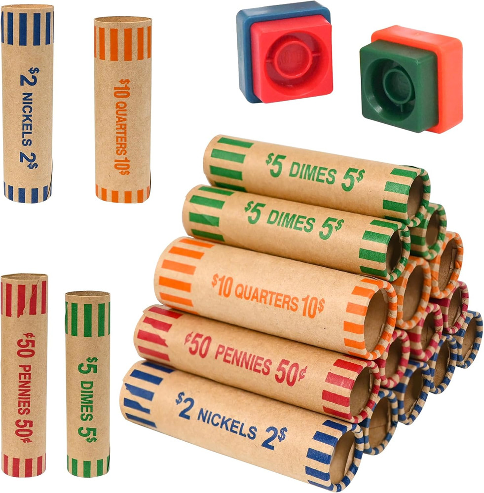 60 Assorted Coin Roll Wrappers with Color Coded Coin Wrapper Crimping Tool -(Qua