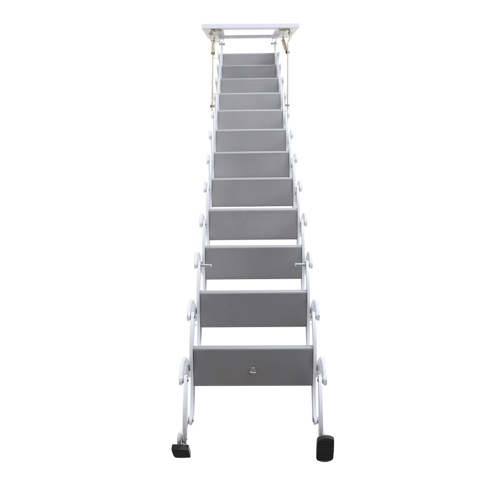 White Attic Ladder Loft Wall Folding Stairs 10.1ft Side-Mounted Pull Down Ladder