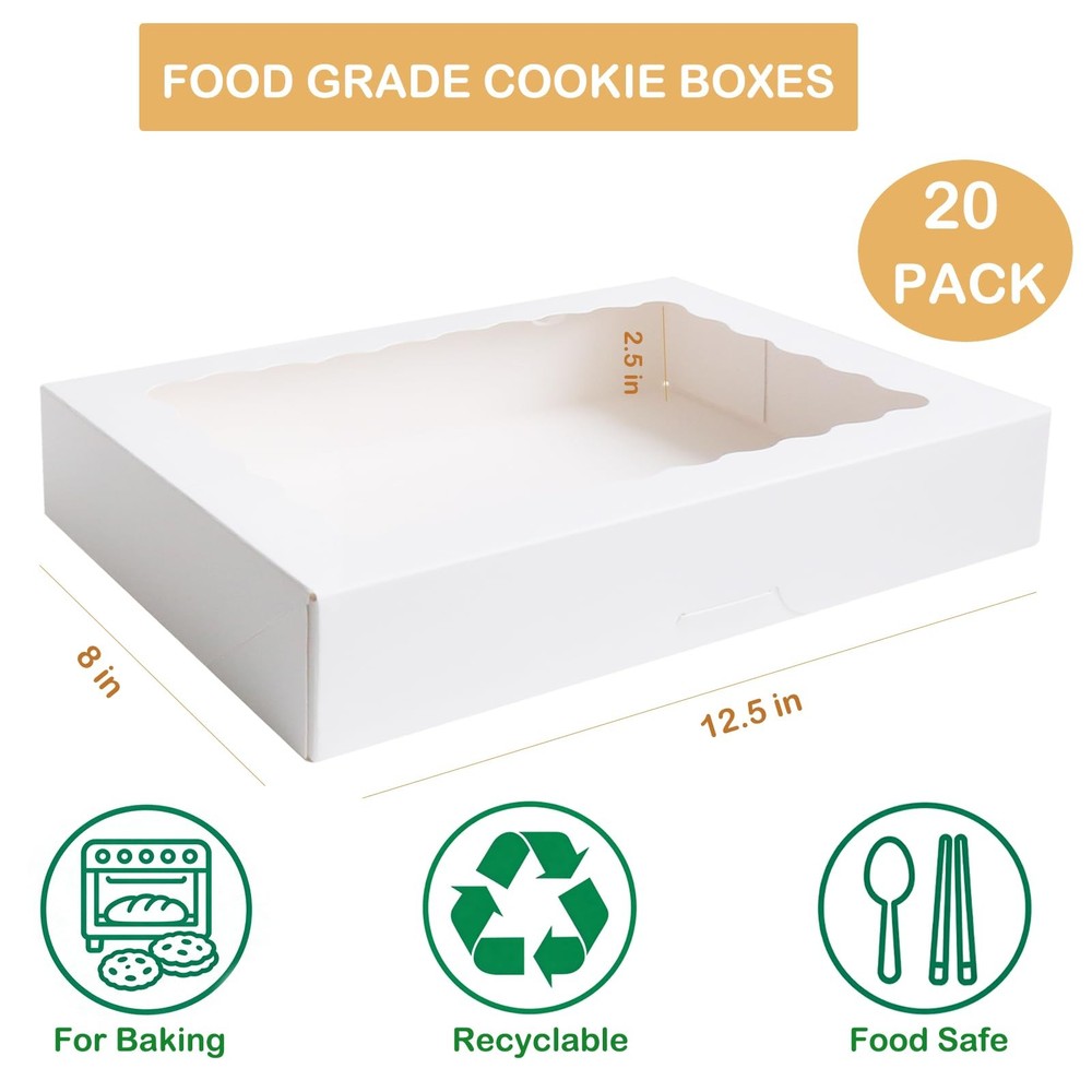20-Pack Auto-Pop Baking Boxes Large Size 12''X8''X2.5'' White Cookie with Window