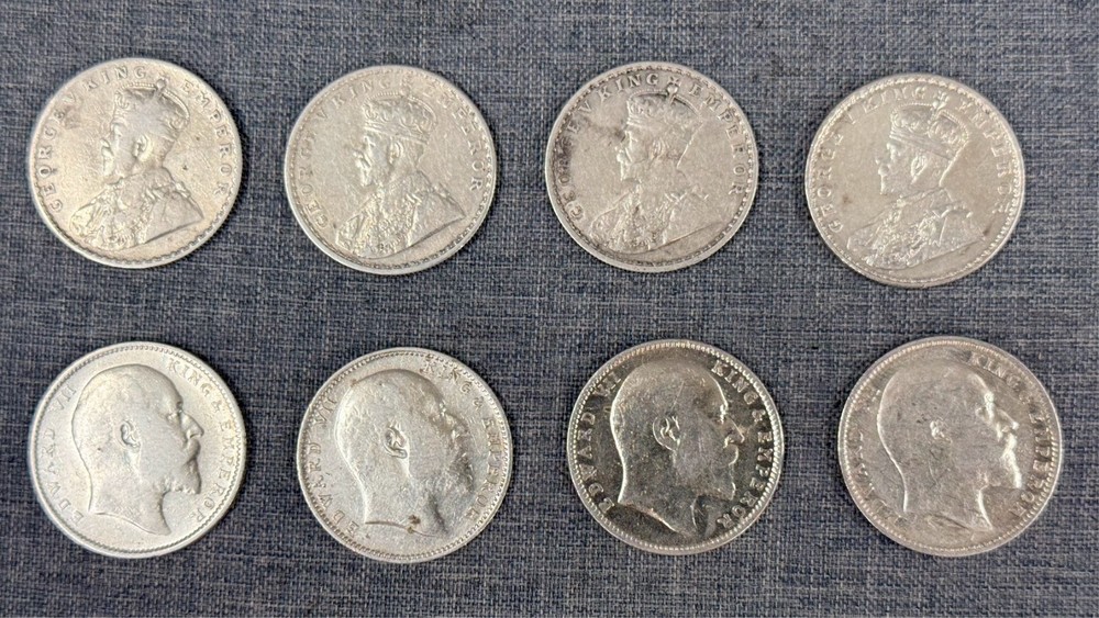 8 x 1904 - 1918 One Rupee Silver Coins