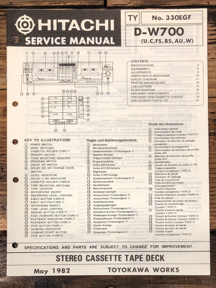Hitachi D-W700 Cassette Service Manual *Original*