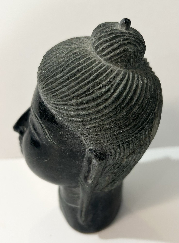 Old Handcrafted Black Stone Buddha Face Head Sculpture Statue