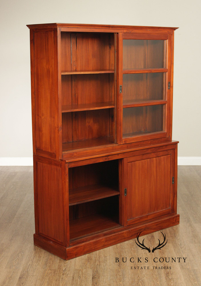 Rustic Hardwood Sliding Door Bookcase Cabinet