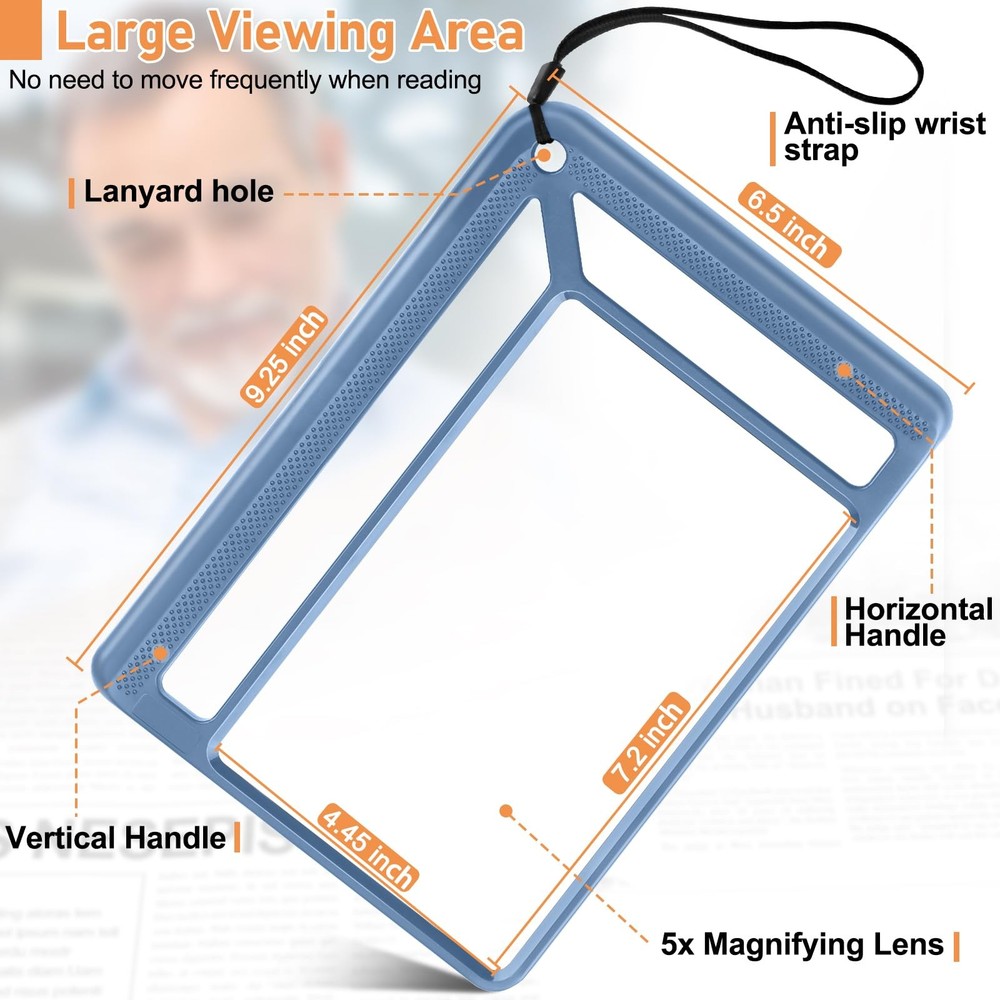 5X Full Page Magnifying Glass, Lightweight Rectangular Magnifier, Large Viewing