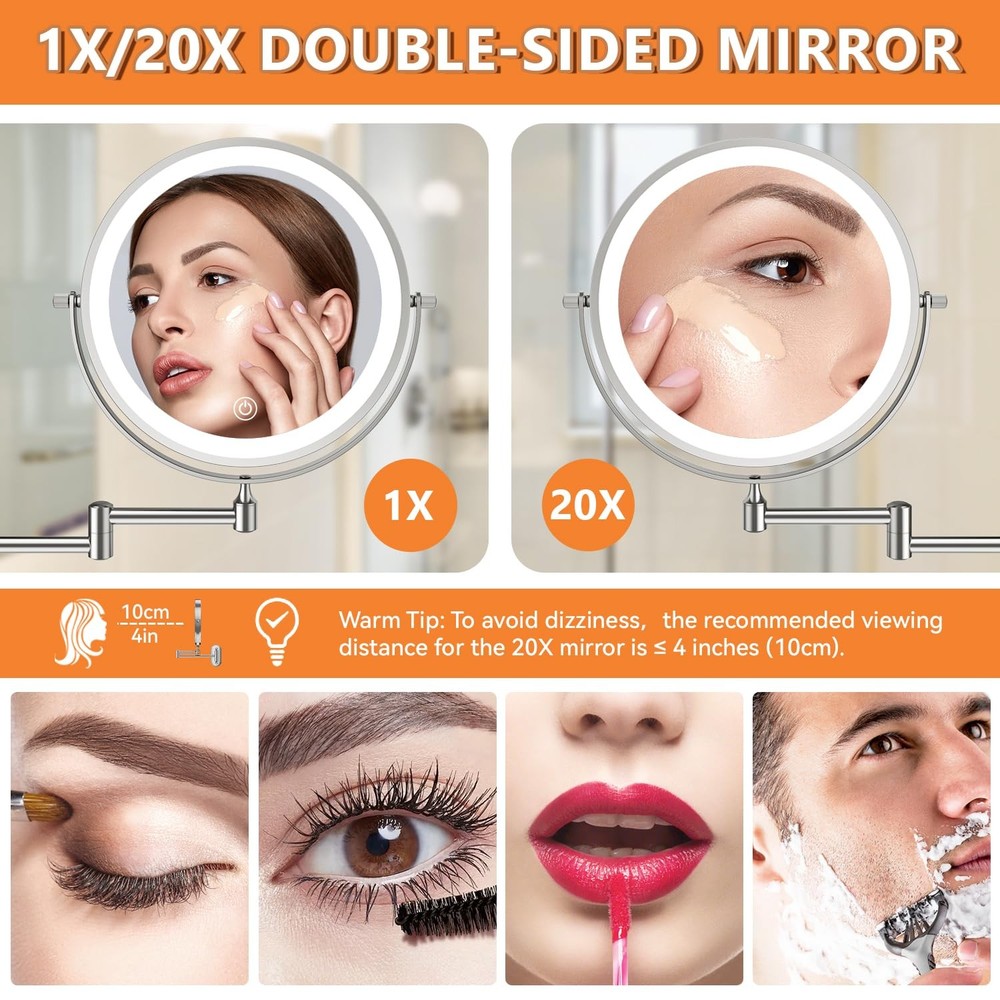 "Auxmir 8"" Wall Mounted Lighted Makeup Mirror 1X/20X Touch Dimmable"