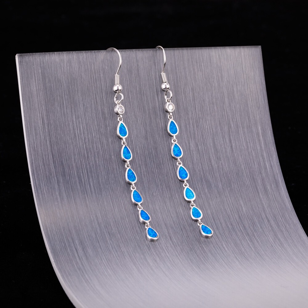 Multi Pear Shape Ocean Blue Fire Opal CZ Silver Jewelry Dangle Drop Earrings