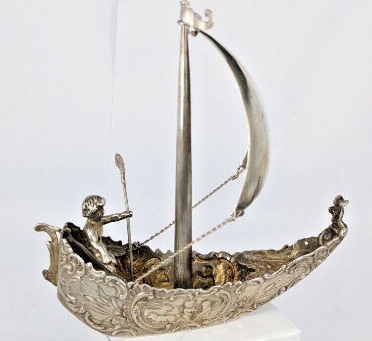 Miniature Hanau solid silver cherub sail boat Circa 1900
