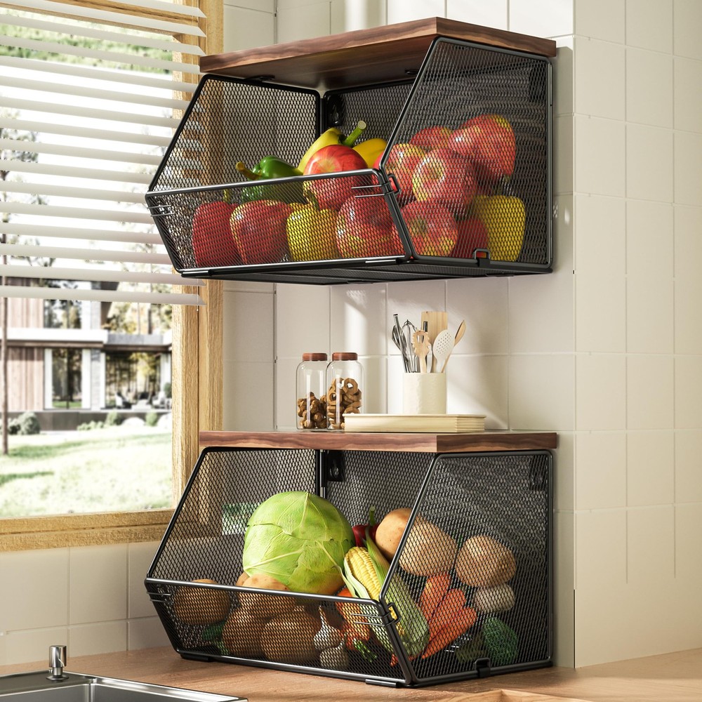Stackable Fruit Basket for Kitchen Countertop Space Saving, Wall Mounted Mesh...