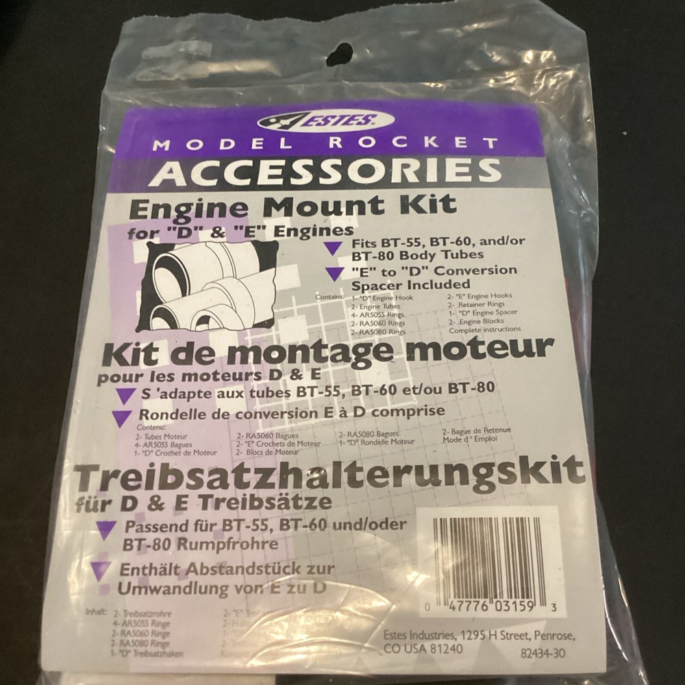 Estes D & E Engine Mount Kit, for Model Rockets-NIP