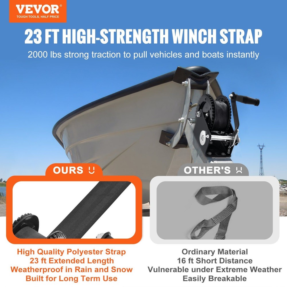 ATV Towing Winch 2000lb Manual Operated 23ft Polyester Strap