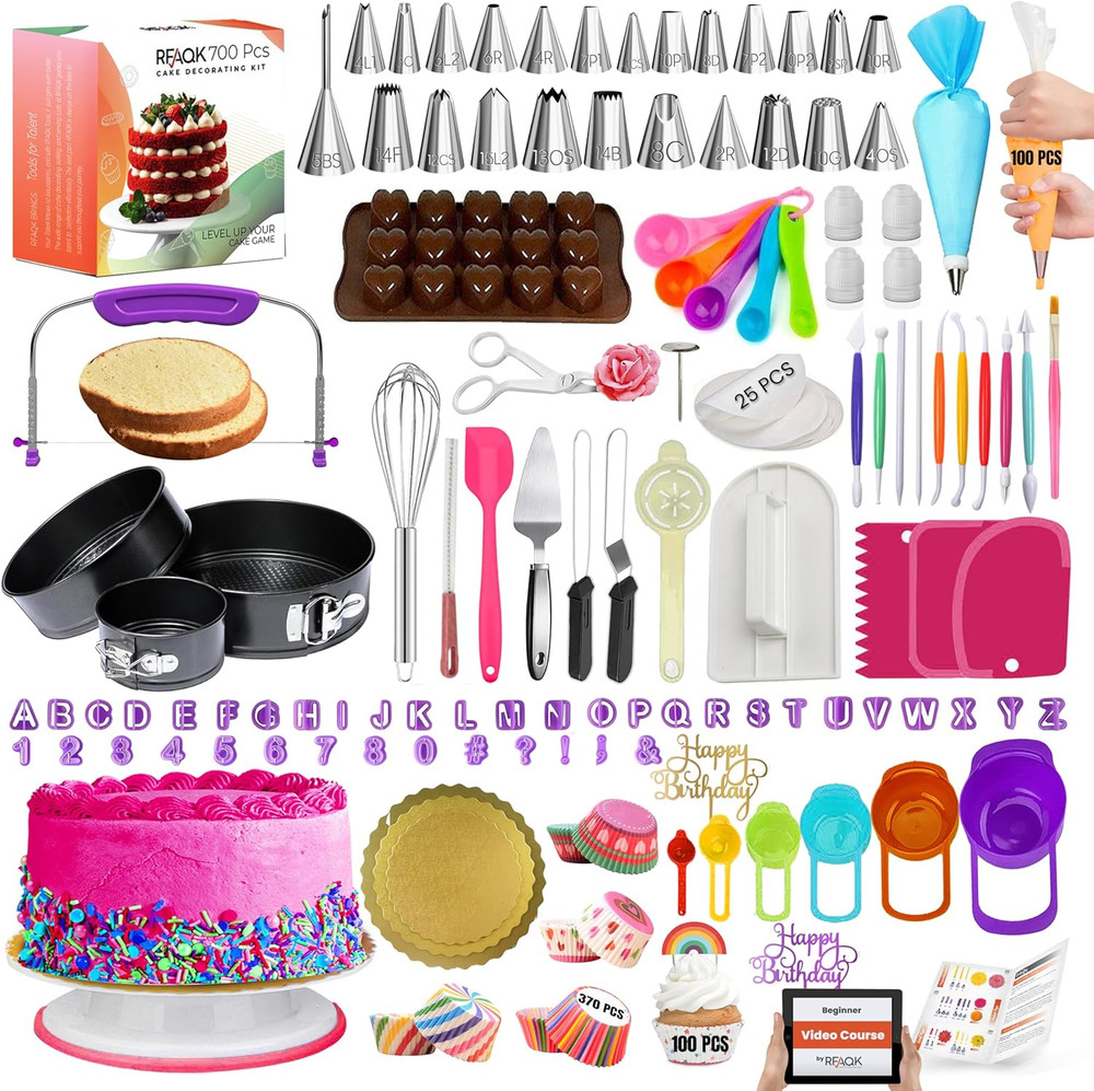 700Pcs Cake Decorating Kit with Baking Supplies - Cake Turntable for Decorating