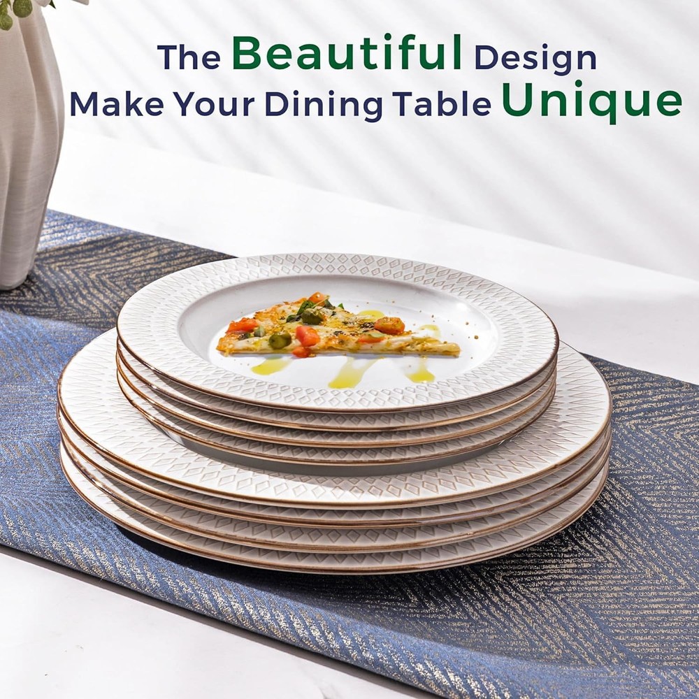 Ceramic Dinnerware Sets,12 pcs Embossed Elegant Stoneware Plates and Bowls Se...