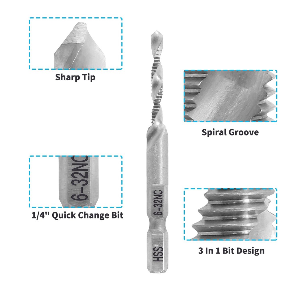2 Pcs 6-32NC Combination Tap and Drill Bit, Multi Use Countersink Hex Bit, Si...