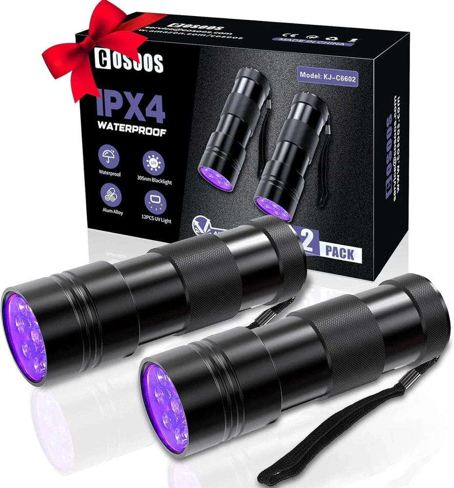 COSOOS 2 Pack UV Flashlight, 12 LED Handheld Blacklight 2 Pack, Black