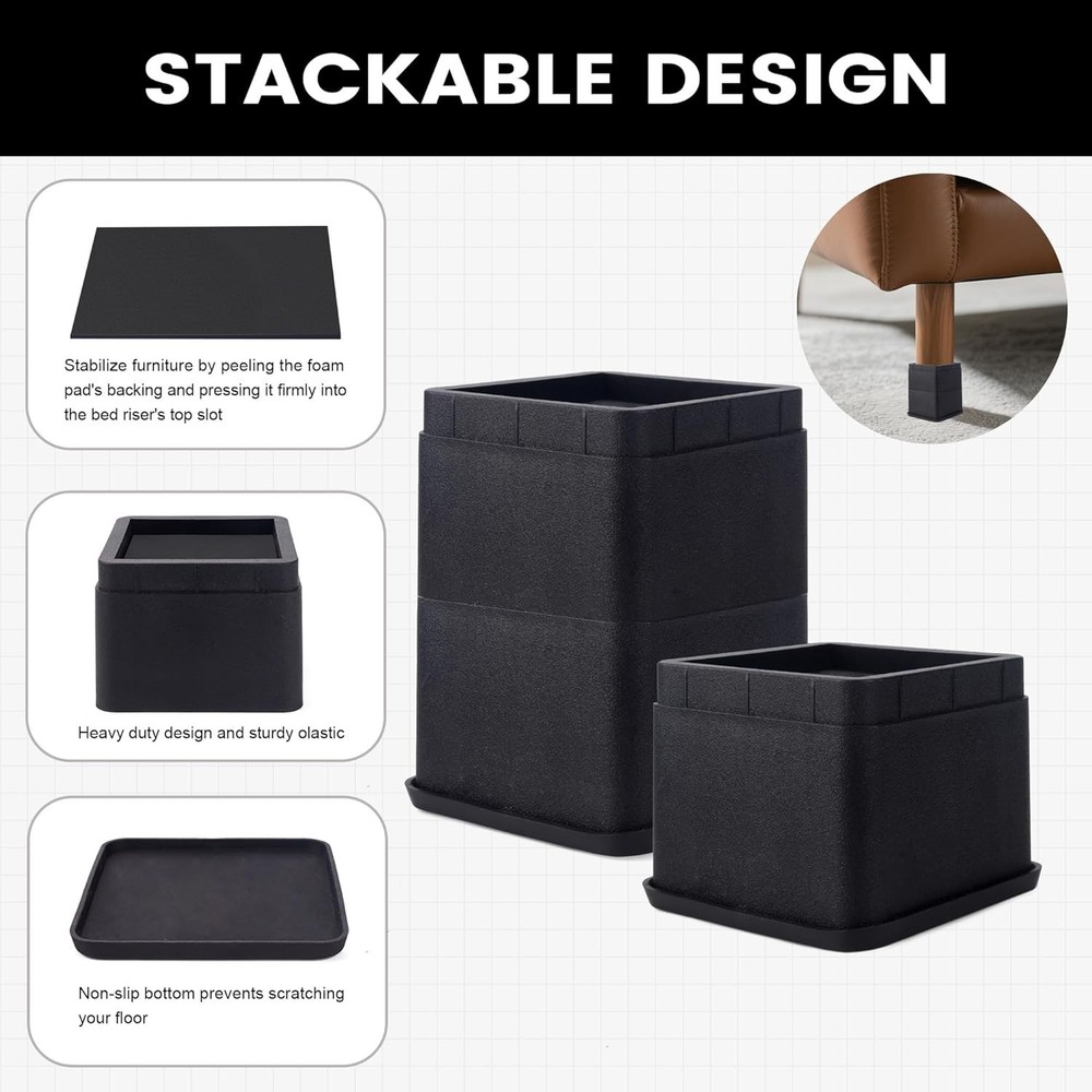 3 Inch Black Bed Risers - Heavy Duty Stackable Elevators for Under-Bed Storage
