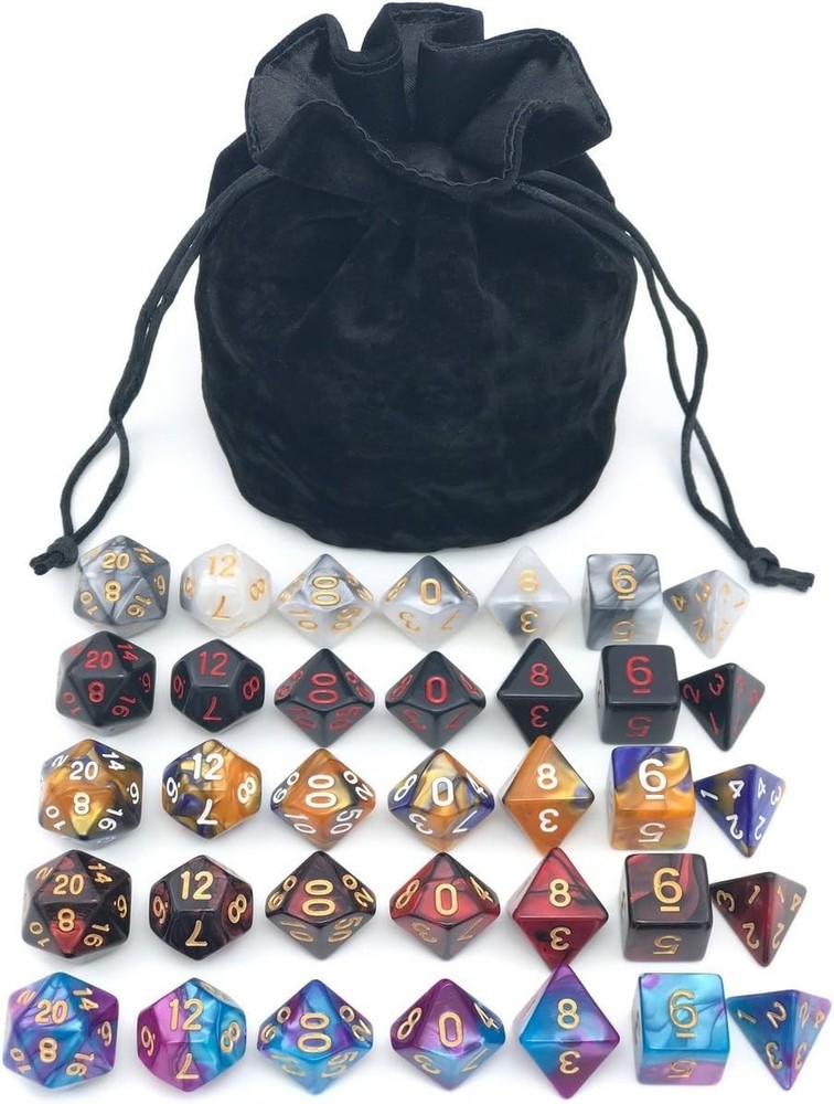 Assorted Polyhedral Dice Set with Black Drawstring Bag, 5 Complete Dice Sets ...