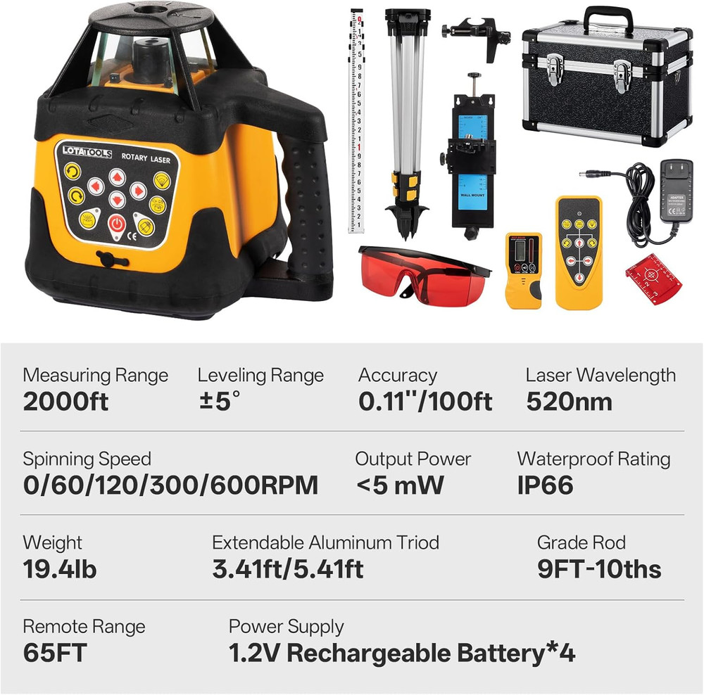Self-Leveling Rotary Laser Level Kit with Tripod & 2000' Range