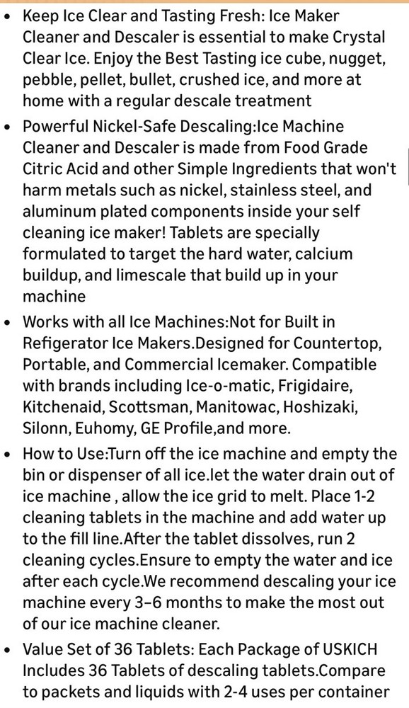 36 Tablets Ice Machine Cleaner Descales & Deodorized Unscented