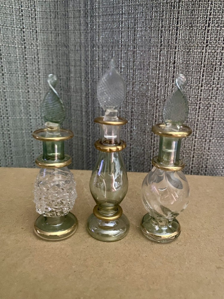 Three Egyptian Hand Blown Green Perfume Bottles with Dabber