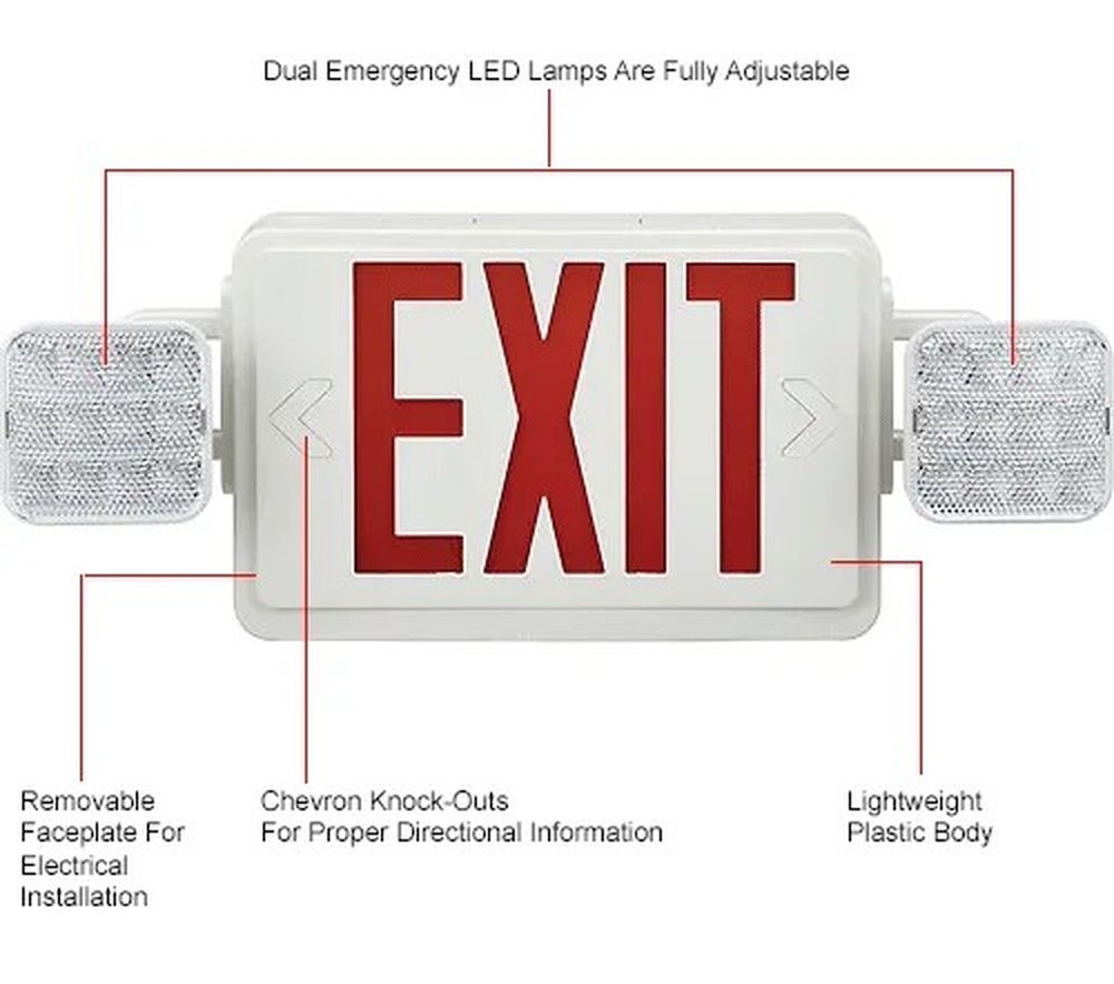 Combo LED Emergency Exit Sign, Red Letters, Ceiling & Wall Mount