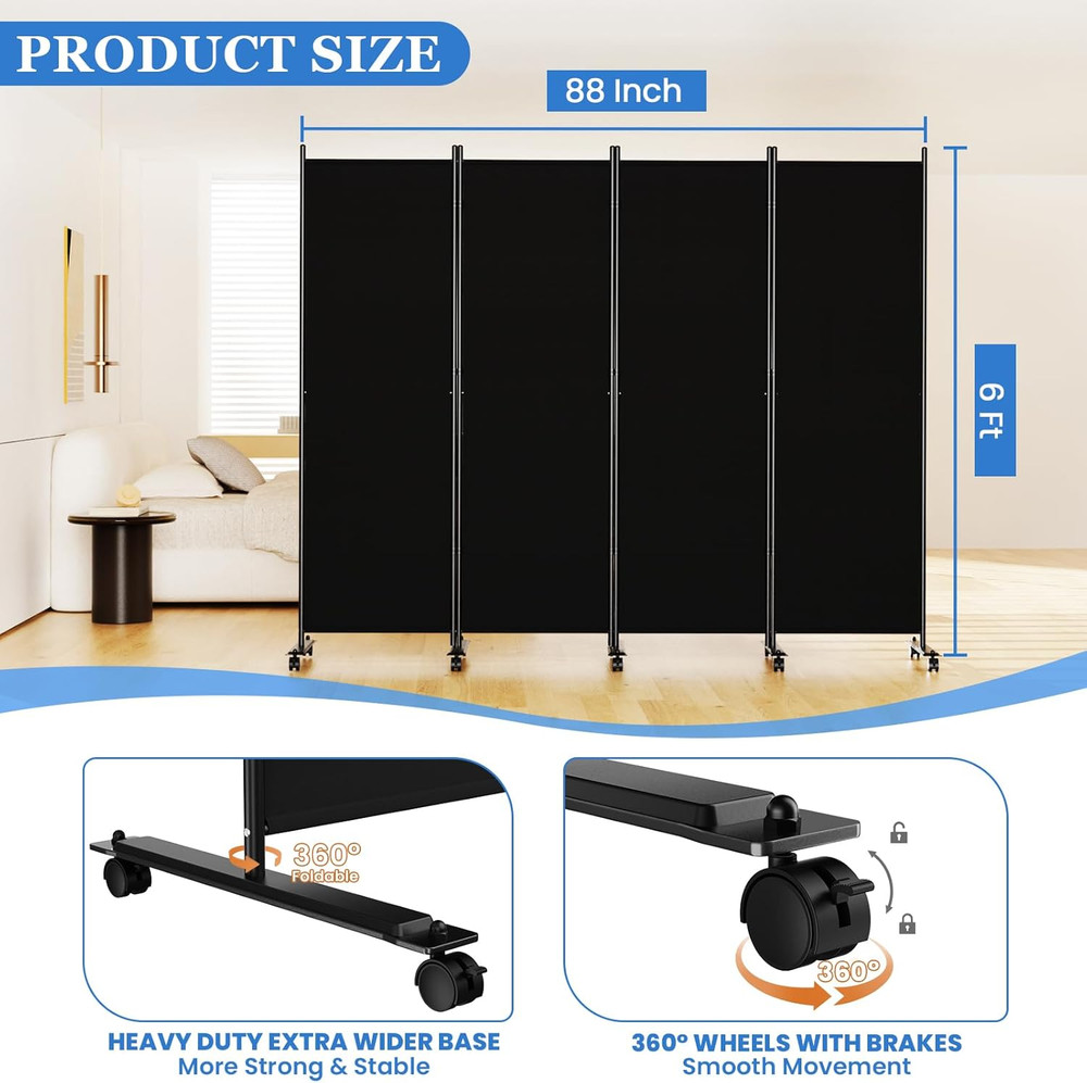 6FT Folding Room Divider with Lockable Wheels - 4 Panel Privacy Screen Black