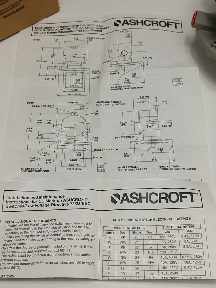 ASHCROFT D724BXTA DIFFERENTIAL PRESSURE SWITCH (NIB)