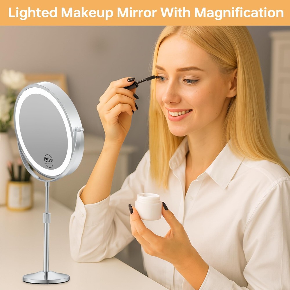 Makeup Mirror with Lights, Height-Adjustable Lighted Makeup Mirror with 1X/20...