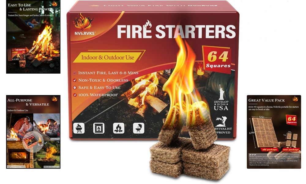 Fire Starter Squares - 64 Waterproof and Easy-Burn Cubes for Grilling