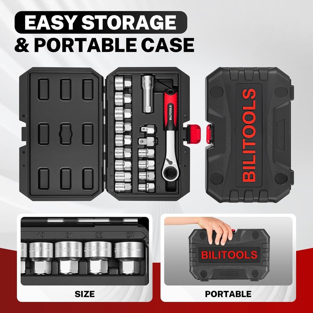 17PCS 3/8" & 1/2 Pass Through Socket Set 2-In-1 Conversion For Standard