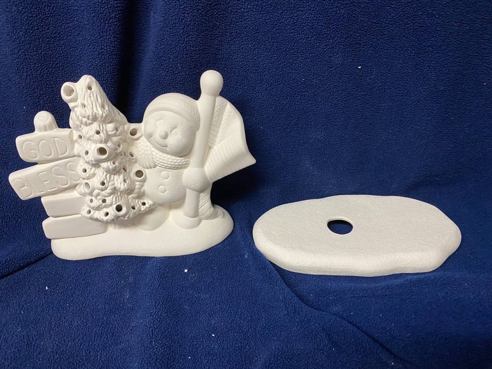 God Bless ____ ____ Snowman with Tree & Base Light Ceramic Bisque Ready to Paint