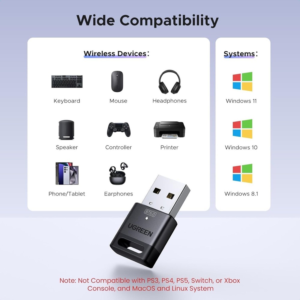 UGREEN USB Bluetooth Adapter for PC, Bluetooth 6.0 Dongle Receiver EDR & BLE, Pl