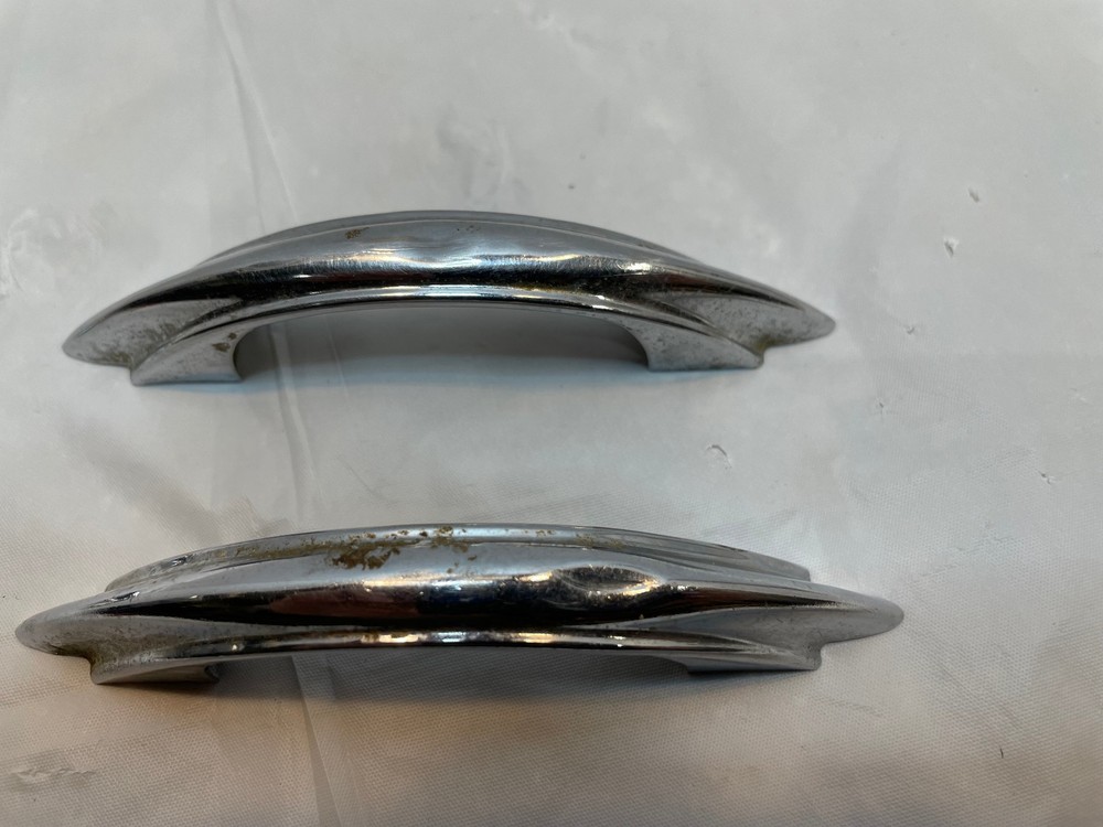 3 Vintage Polished Chrome Drawer Pulls Stepped Sides Art Deco Cabinet Handle