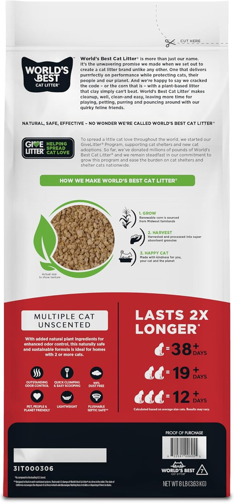 Multiple Cat Litter, Unscented 8 lb, Flushable, Quick Clumping, 99% Dust Free, M