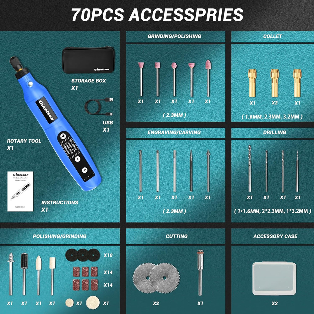Cordless Rotary Tool, 5 Variable Speed Mini Rotary Tool Kit with 70 Accessories