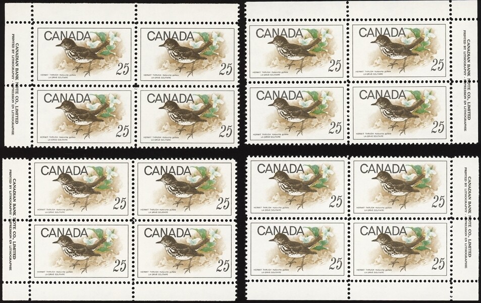 CANADA, 1969. Hermit Thrush 498 Imrprint Blocks (4),  Mint **