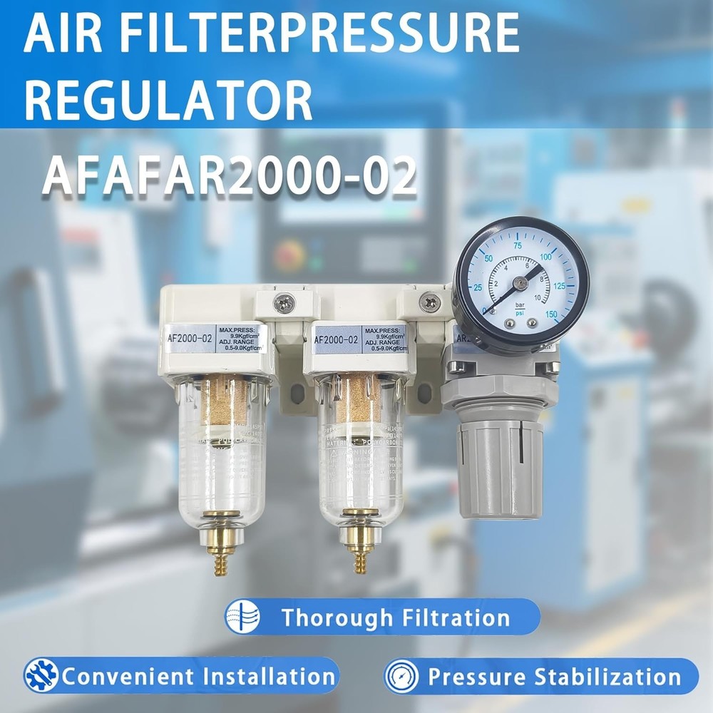 1/4" NPT Compressed Air Filter Regulator Lubricator Combo-Double,Semi-Auto Drain