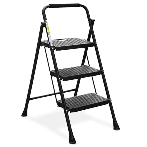 HBTOWER 3 STEP LADDER, FOLDING STEP STOOL, STURDY STEEL LADDER - BLACK