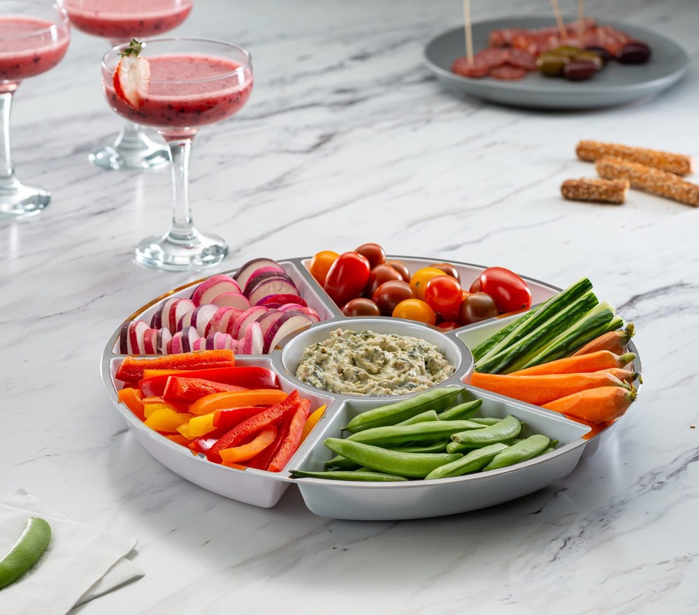 Plasticpro 6-Section Round Plastic Serving Tray Platter White/Silver (2 Pack)