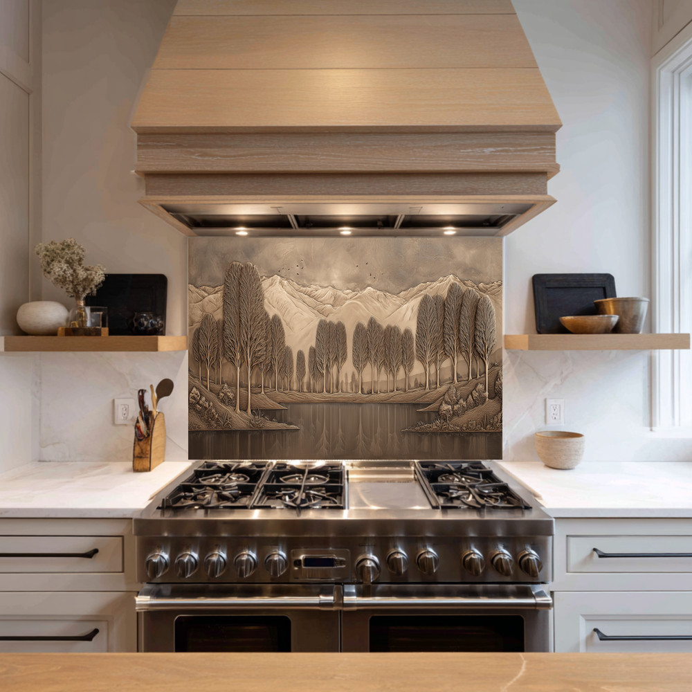 Copper Look Nature Landscape Glass Backsplash • Rustic Wall Art Panel