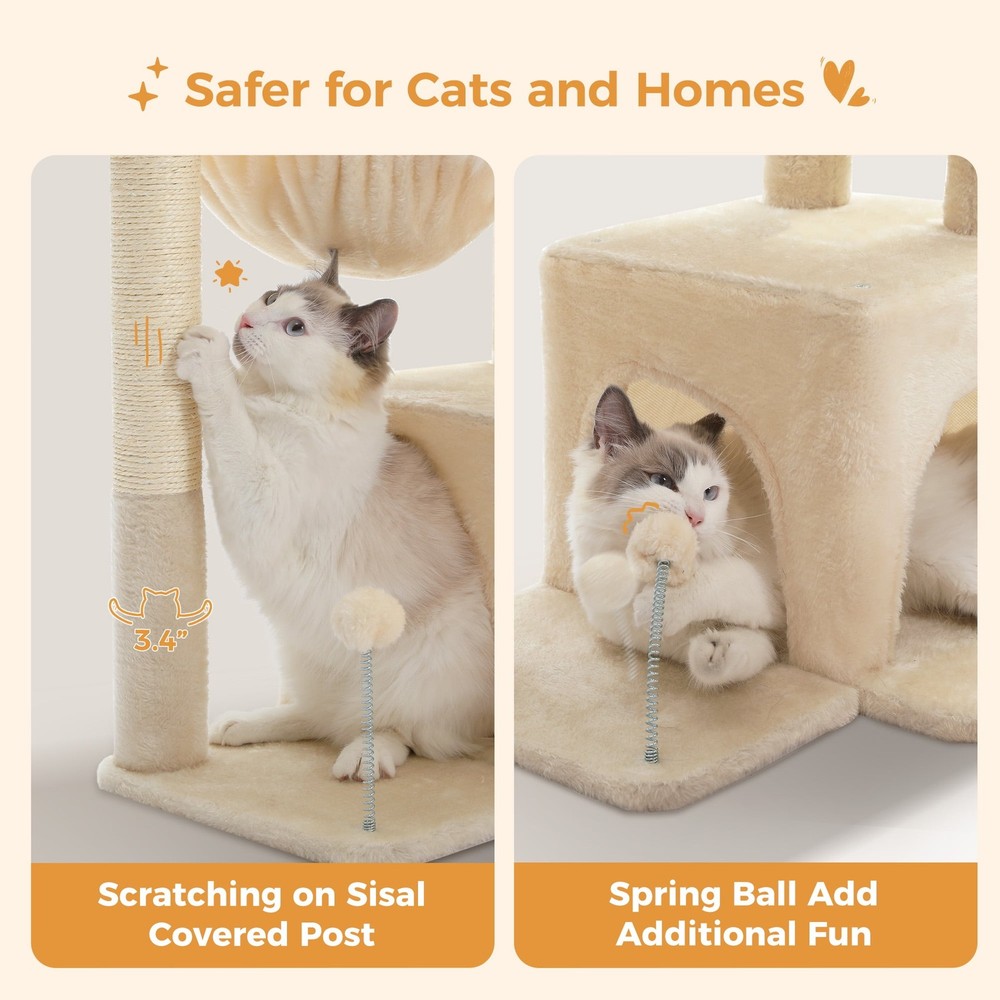 29.5" Cat Tree Tower w Hammock Top Perch & Sisal Scratching Posts Beige