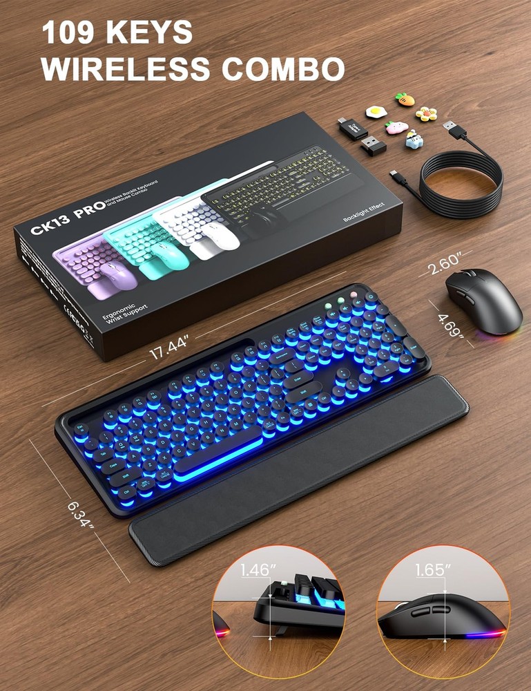 Wireless Keyboard and Mouse Combo - Backlit Typewriter Keyboard with Magnetic...