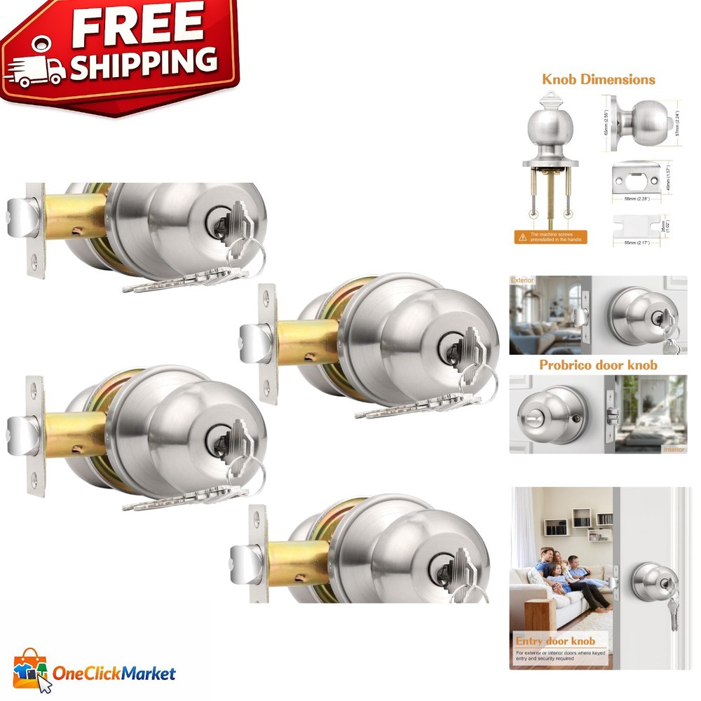 Durable Stainless Steel 4 Pack Entry Door Knobs - Universal Key Lock System